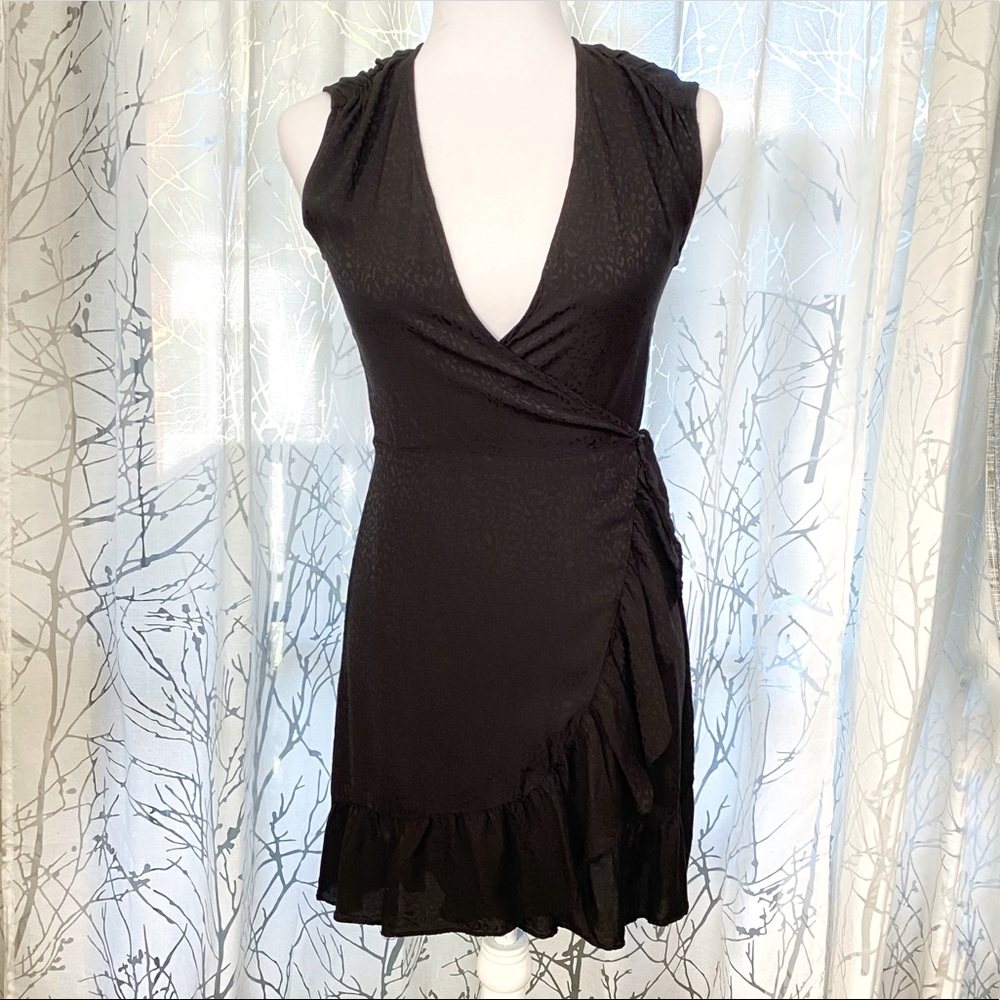 All Saints Krystal Black leopard print ruffle trim sleeveless wrap dress - Picture 7 of 13
